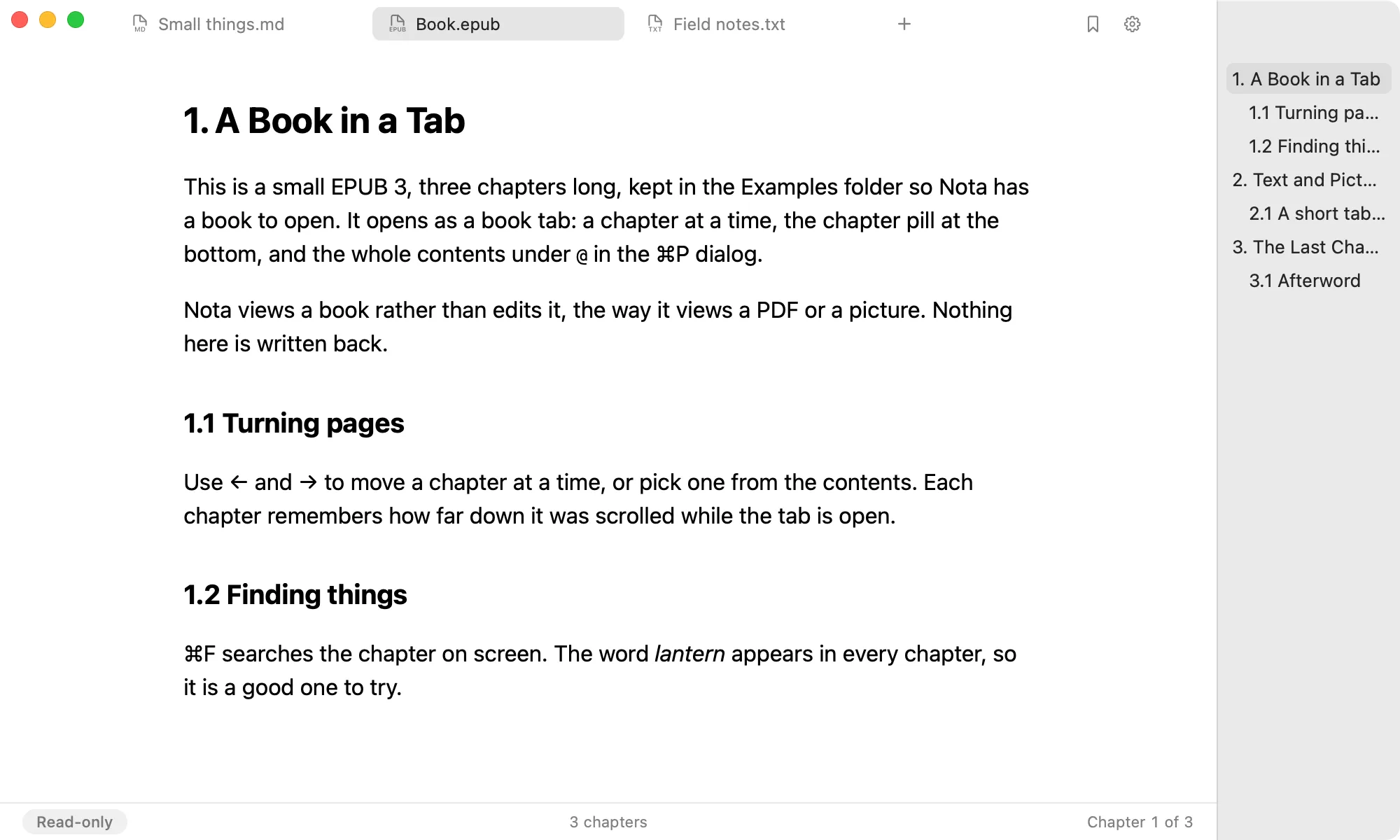 An EPUB open in Nota with its table of contents in the sidebar, beside Markdown and text tabs.