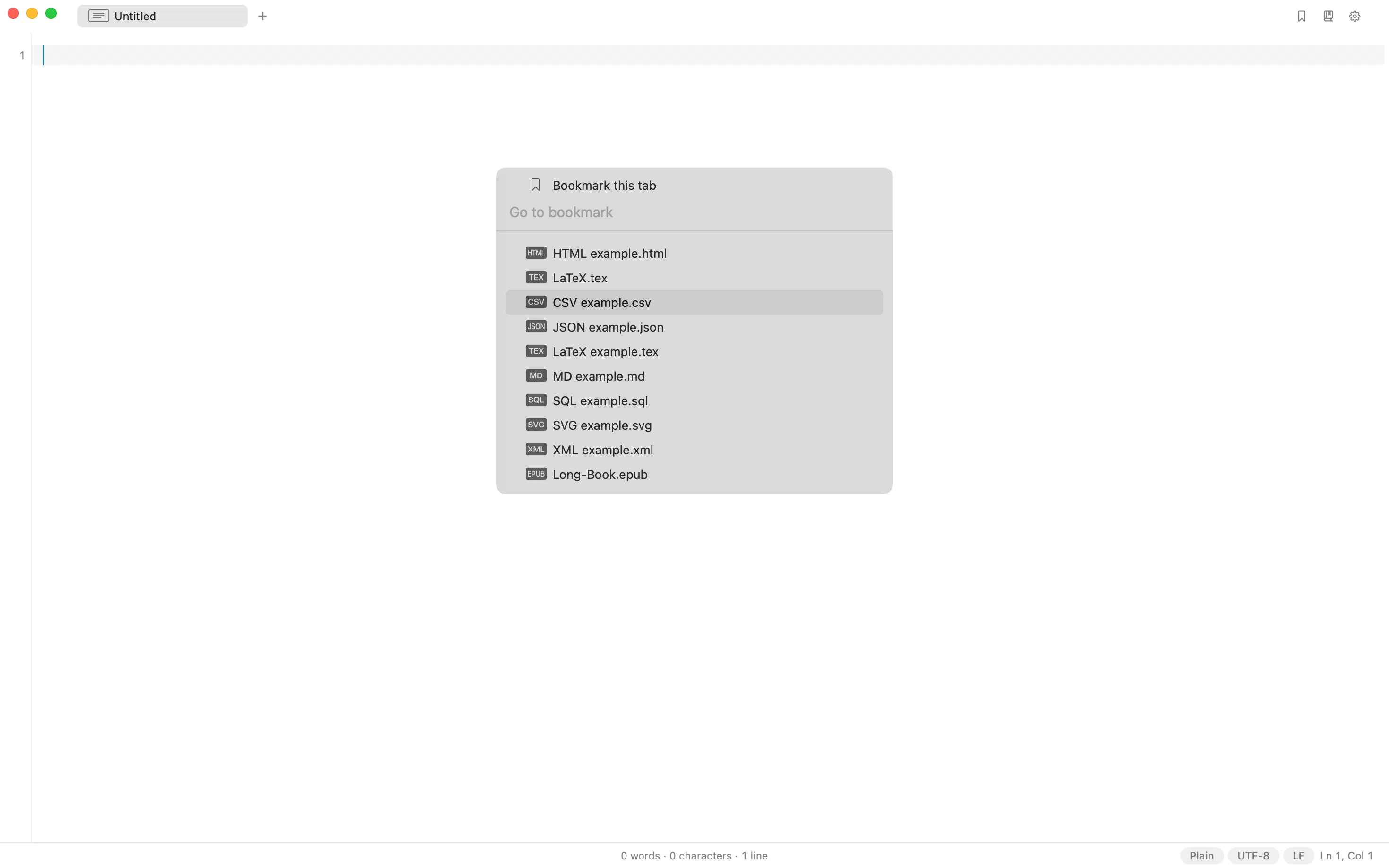 Nota’s bookmarks panel floating over the editor, with a search field and a list of saved files.