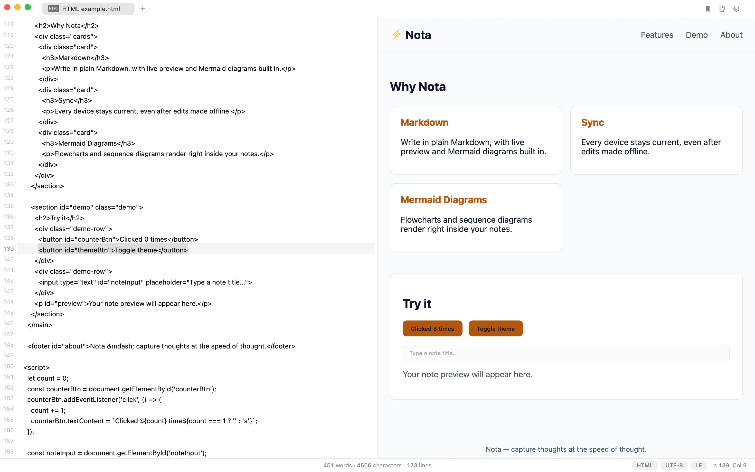HTML source beside its live page in Nota, a small demo site with cards and buttons.