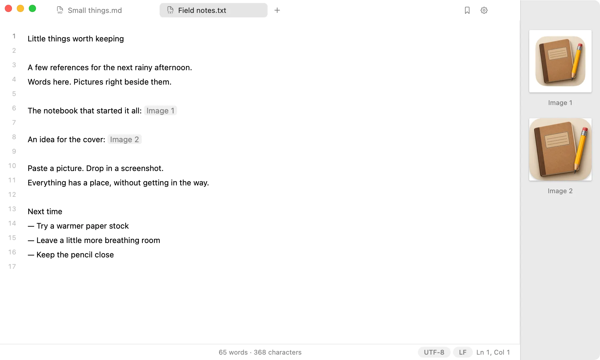 Two inline image chips in a note, with notebook images in Nota’s gallery.