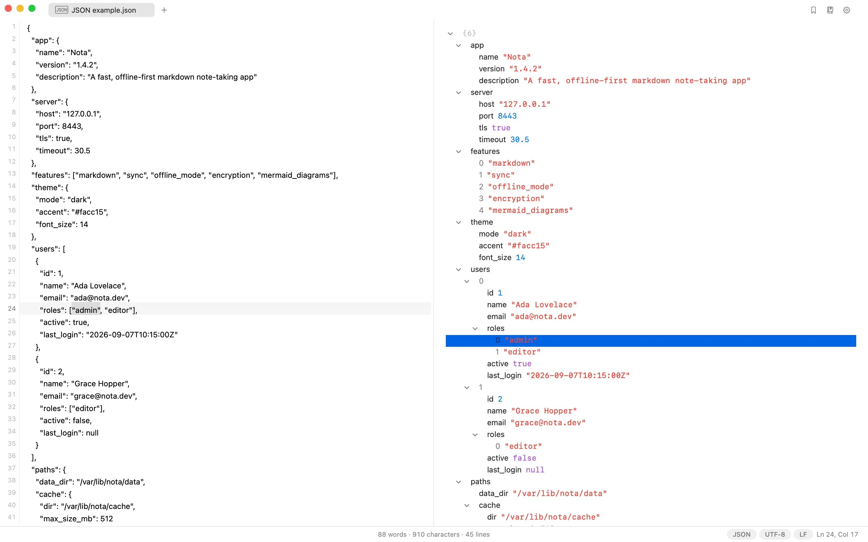 JSON source beside a collapsible tree in Nota, showing keys and typed values with one row selected.