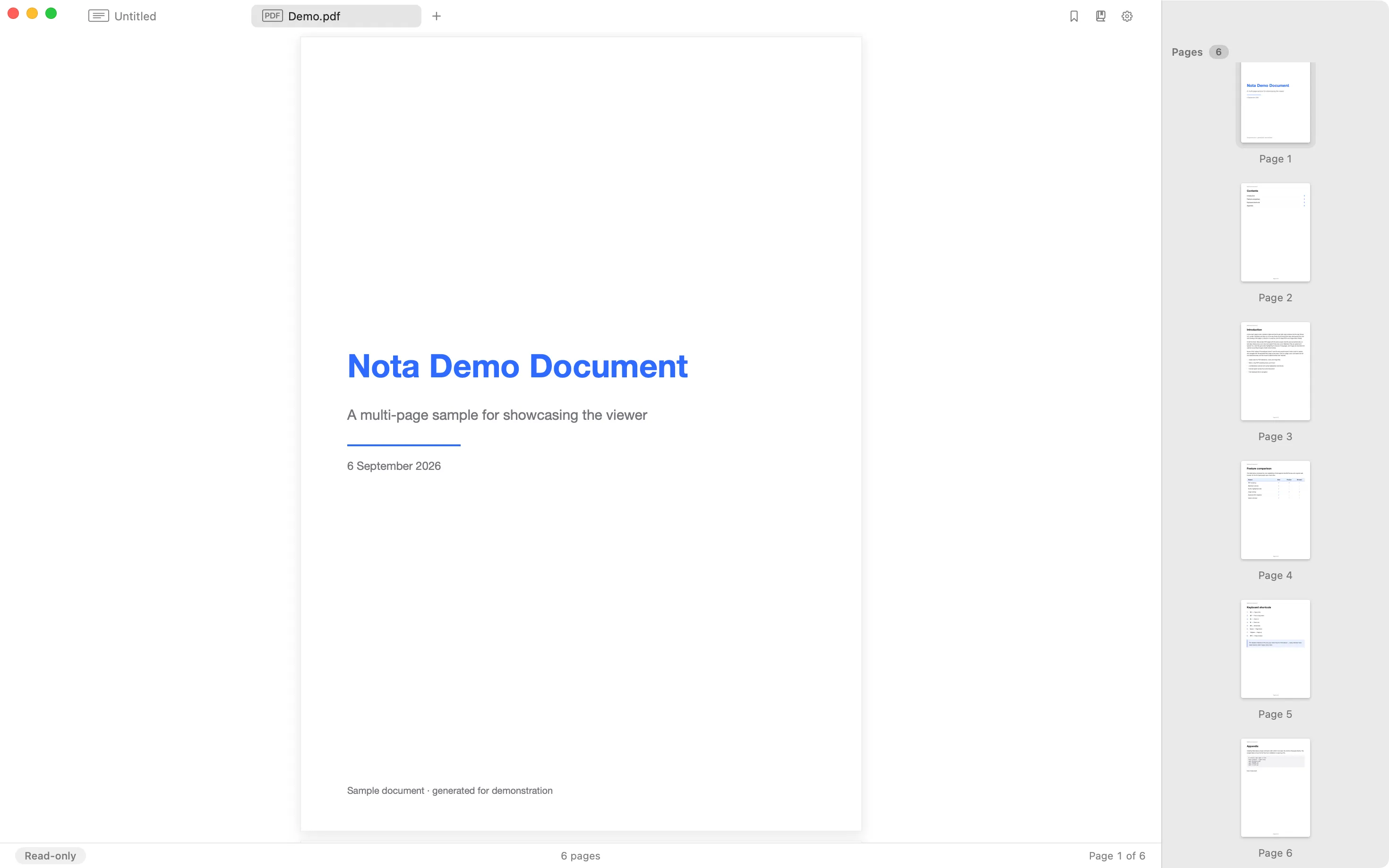 A PDF open read-only in Nota, with a Pages sidebar of page thumbnails.
