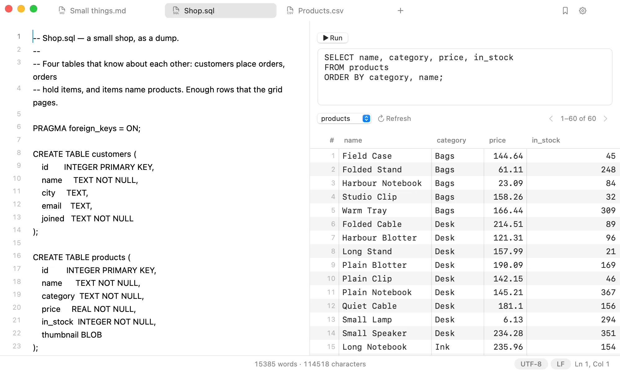 Shop.sql in Nota, with the dump beside a products table and a query box.