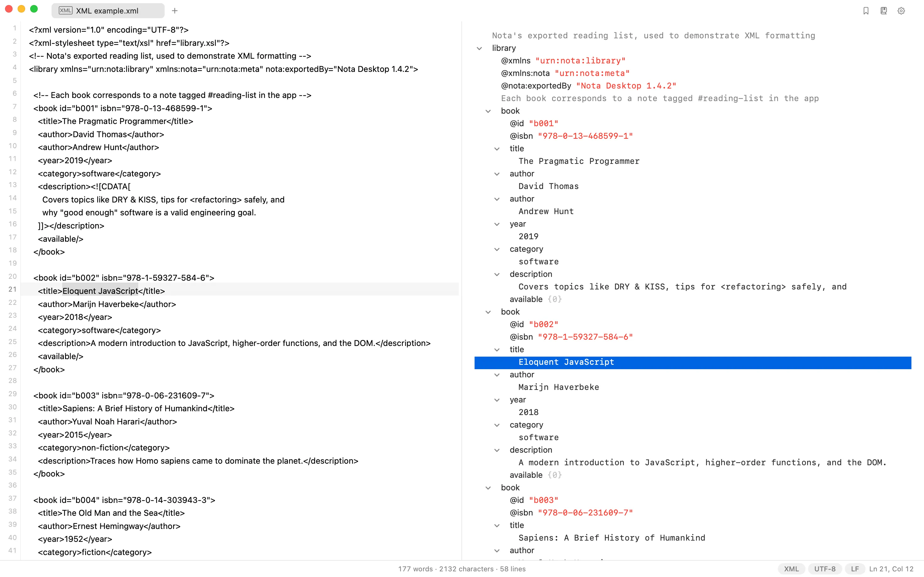XML source beside a collapsible tree in Nota, showing attributes and CDATA text.